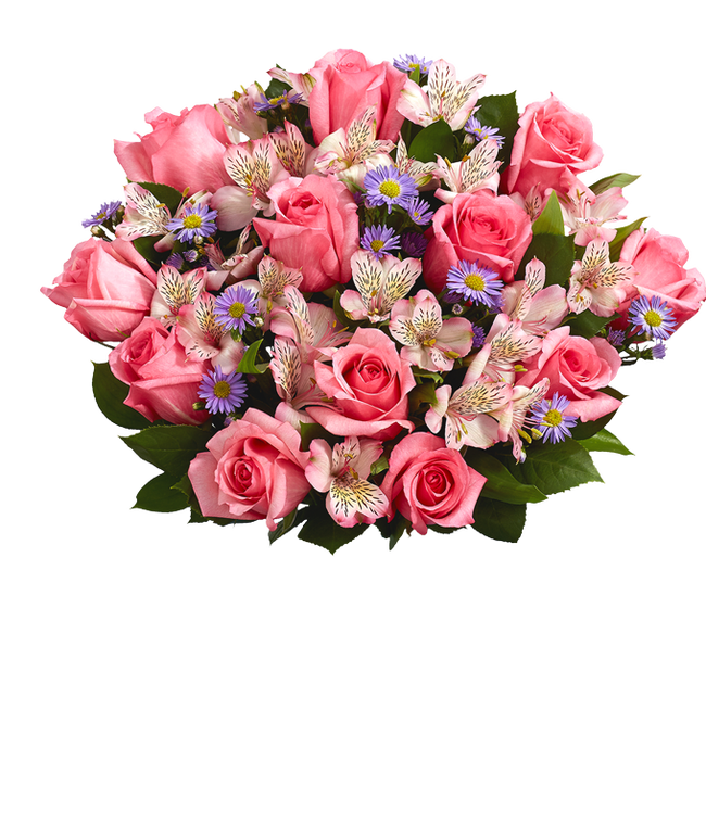 Partial image of A bouquet of pink roses, white alstroemeria, and lavender aster in a glass vase  without vase