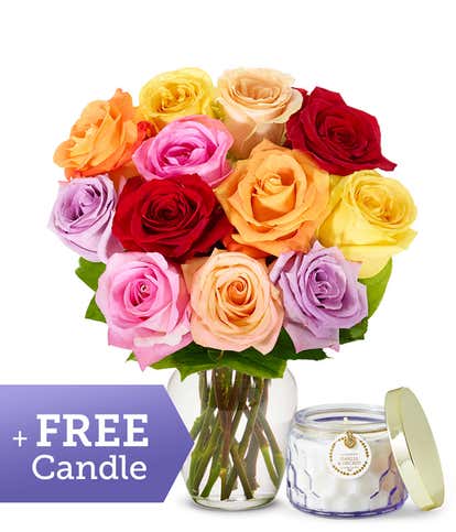 One Dozen Rainbow Roses with Free Candle