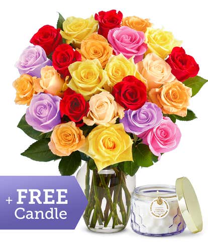 Two Dozen Rainbow Roses with Free Candle