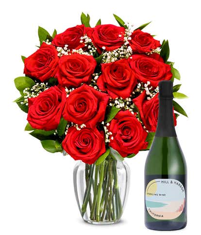 One Dozen Red Roses with Sparkling Wine 