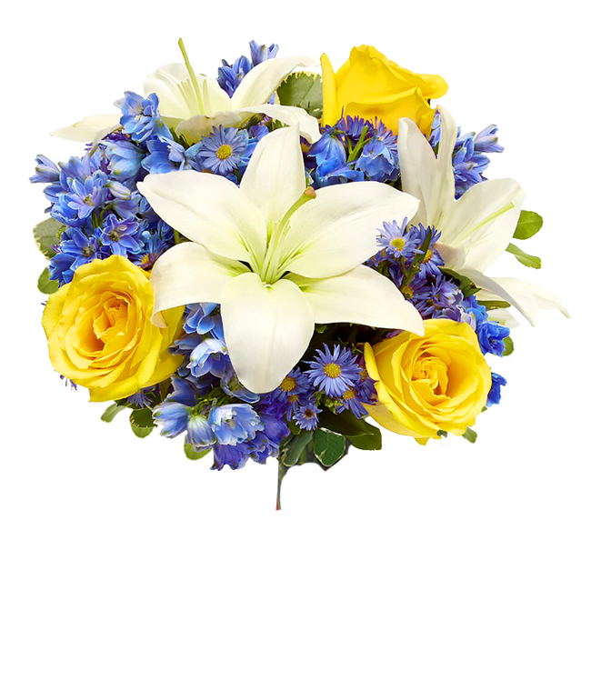 Partial image of An elegant floral arrangement featuring white Asiatic lilies, yellow roses, blue delphinium, and purple Monte Casino, optionally arranged in a glass vase. This vibrant mix offers a stunning and colorful display. without vase