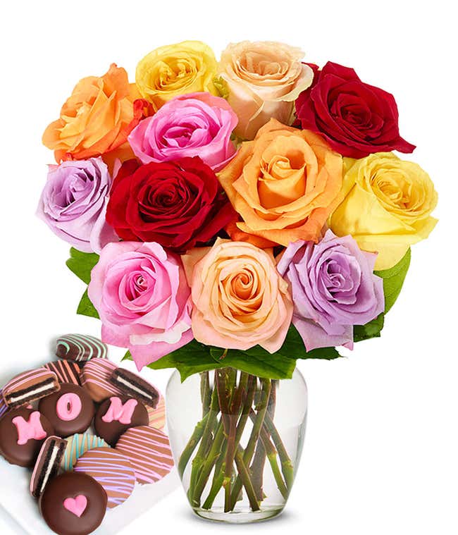 One Dozen Rainbow Roses with Mom Oreos