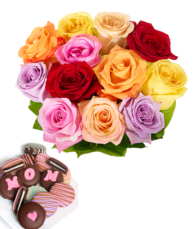 Partial image of One Dozen Rainbow Roses with Mom Oreos without vase