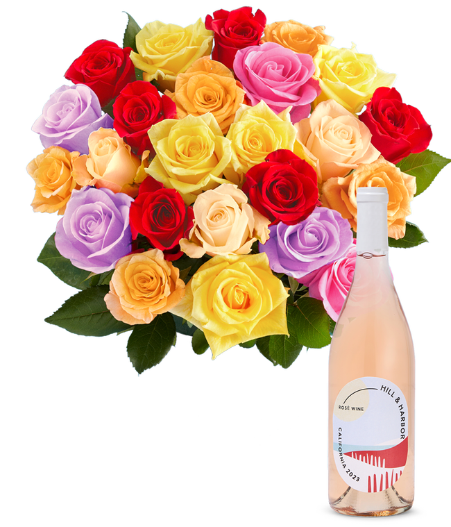 Partial image of An exquisite bouquet of roses in a kaleidoscope of colorsvivid reds, soft pinks, warm oranges, sunny yellows, and gentle purplesarranged in a clear glass vase, accompanied by a sleek bottle of rose wine from California, 2023, embodying grace and festivi without vase