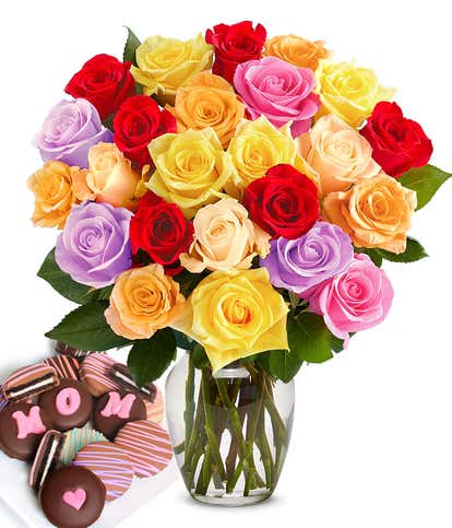 Two Dozen Rainbow Roses with Mom Oreos