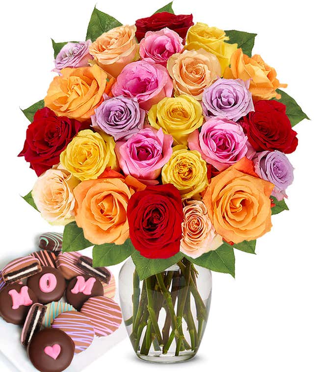 Two Dozen Rainbow Roses with Mom Oreos