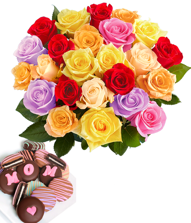 Partial image of Two Dozen Rainbow Roses with Mom Oreos without vase.