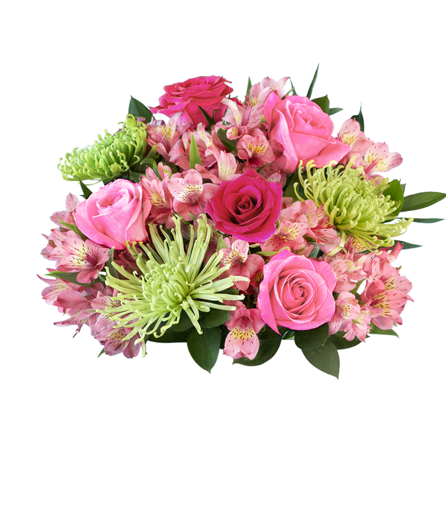 Partial image of A bouquet featuring pink roses, hot pink roses, green Fuji mums, and pink alstroemeria, with an optional glass vase. without vase