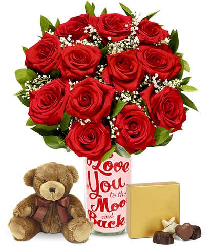 One Dozen Red Love You to the Moon Roses with Chocolates & Teddy Bear