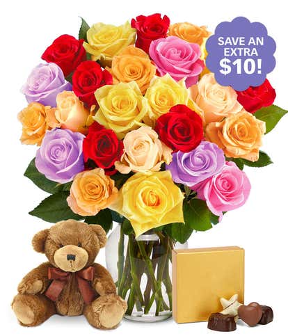Two Dozen Assorted Rainbow Roses with Chocolates & Bear