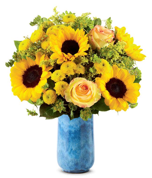 A bouquet featuring yellow/orange bi-color roses, sunflowers, yellow button poms, yellow solidago, and bupleurum, with an optional vase.