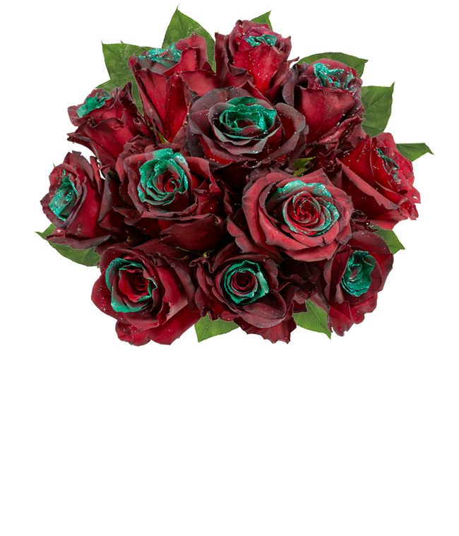 Partial image of One dozen roses featuring naturally dyed red &amp; green with glitter tips, presented beautifully in an optional glass vase. without vase.