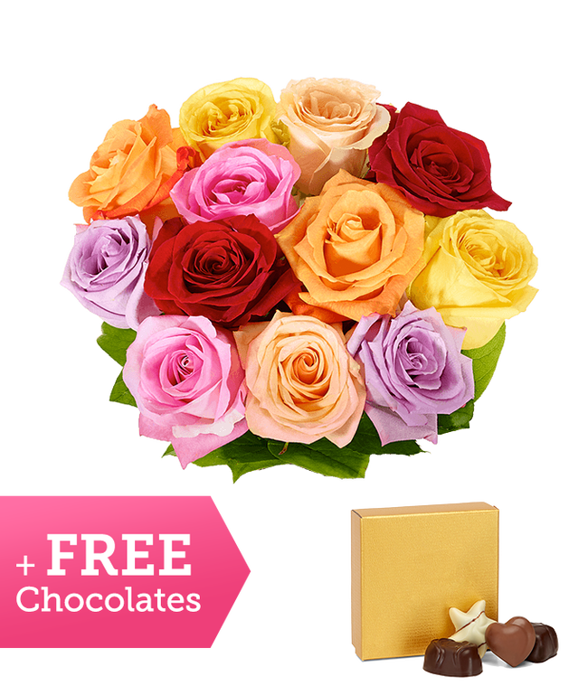 Partial image of One Dozen Assorted Roses with Free Chocolate without vase.