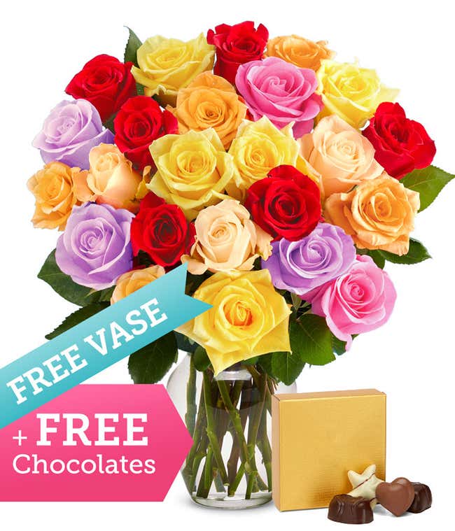 Two Dozen Assorted  Roses with Free Vase &amp; Chocolates