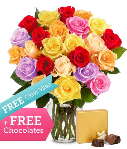 Two Dozen Rainbow Roses with Free Vase & Chocolates