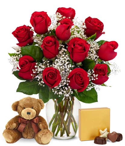 One Dozen Red Roses with Chocolates & Teddy Bear