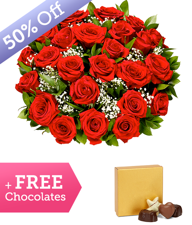 Partial image of Premium Long Stem Red Roses with Free Chocolates without vase.