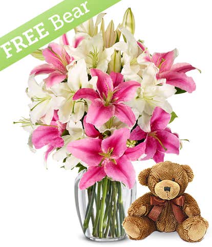 Pink and White Lilies with Free Bear