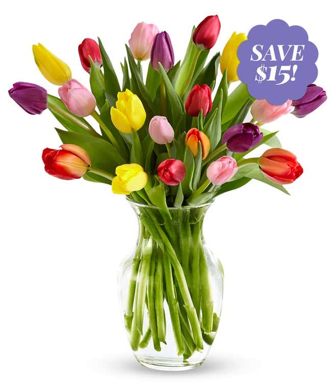 20 stems of tulips in a clear glass vase - tulips are mixed colors, pink, purple, red, orange, yellow and white.
