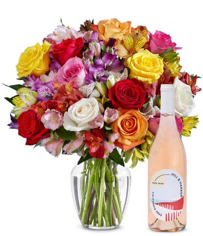 Deluxe Bright & Sunny Rose Bouquet with Ros&eacute; Wine