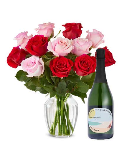 One Dozen Pink & Red Roses with Sparkling Wine