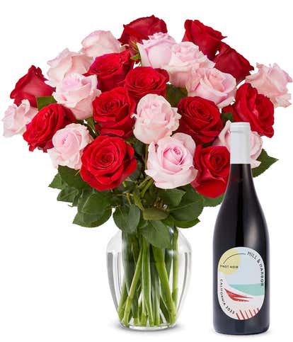 Two Dozen Pink & Red Roses with Red Wine