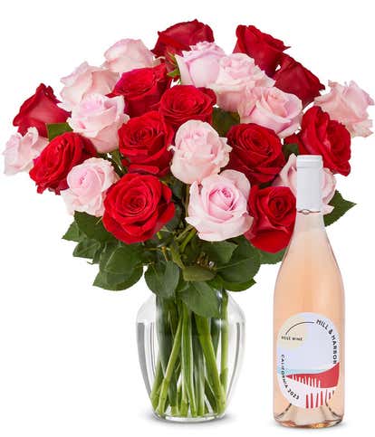 Two Dozen Pink & Red Roses with Ros&eacute; Wine