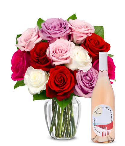 One Dozen Assorted Sweetheart Roses with Ros&eacute; Wine