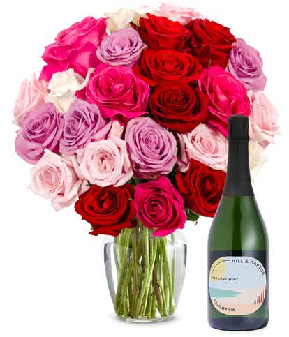 Two Dozen Assorted Sweetheart Roses with Sparkling Wine