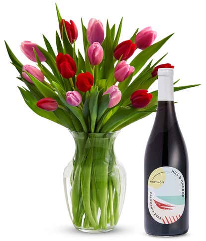 Red & Pink Tulips - 15 Stem with Red Wine