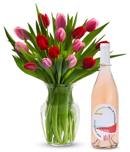 Red & Pink Tulips - 15 Stem with Ros&eacute; Wine