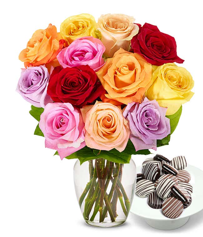 One Dozen Rainbow Roses bouquet with Drizzle Chocolate Covered Oreos, optional glass vase, and personalized card message