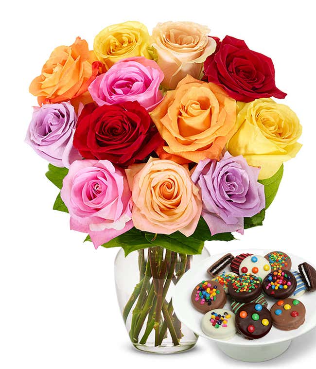 One Dozen Rainbow Roses bouquet with a dozen Sprinkle Chocolate Covered Oreos, optional glass vase, and personalized gift message.