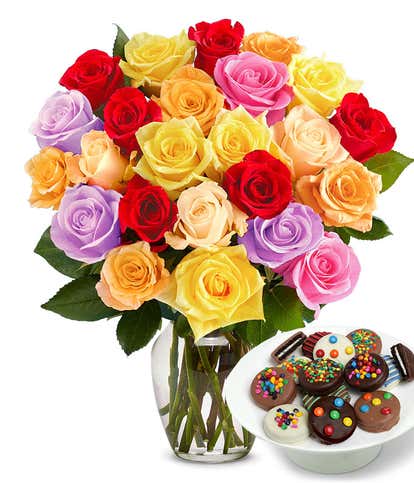 Two Dozen Rainbow Roses with Sprinkled Oreos