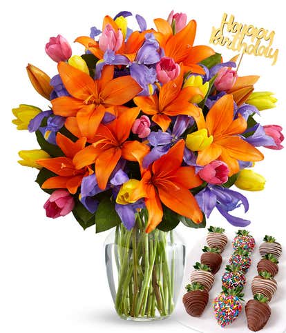 Deluxe Kaleidoscope Blooms & Berry Birthday Bundle