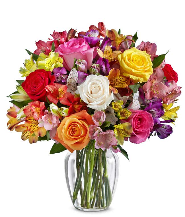 Mixed roses are delivered with Alstroemerias