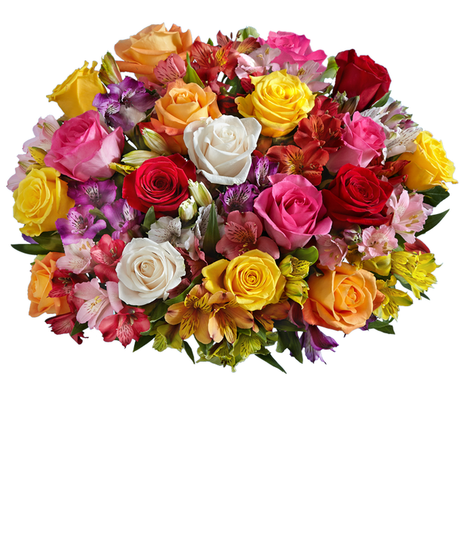 Partial image of A bouquet featuring mixed roses and alstroemerias, with an optional vase. without vase