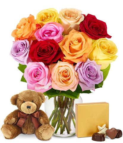 One Dozen Mixed Rainbow Roses + Chocolates + Bear