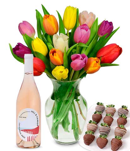 Rainbow Tulips, Ros&eacute; Wine and Chocolate Dipped Strawberries