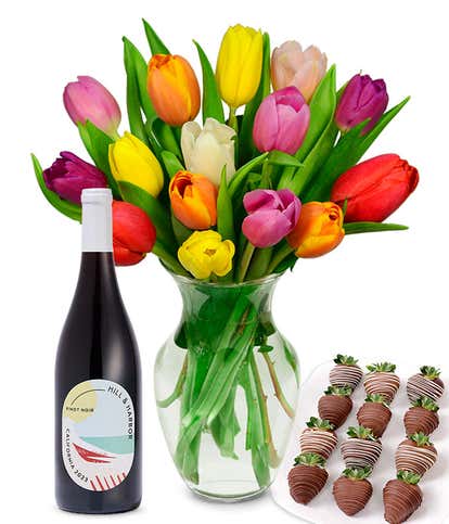 Rainbow Tulips, Red Wine and Chocolate Dipped Strawberries