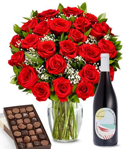 Red Roses, Red Wine & Gourmet Assorted Chocolate