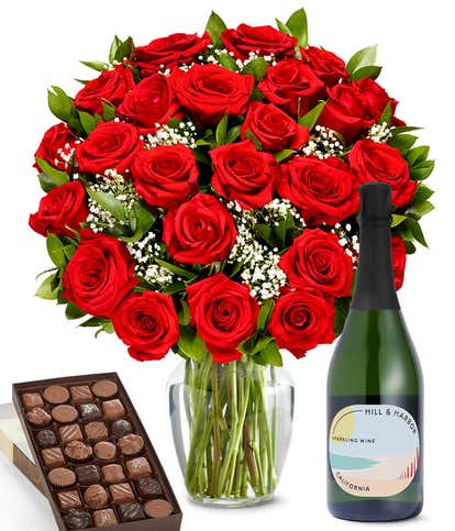 Red Roses, Sparkling Wine & Gourmet Assorted Chocolate