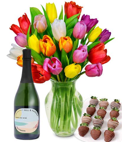 Rainbow Tulips, Sparkling Wine and Chocolate Dipped Strawberries