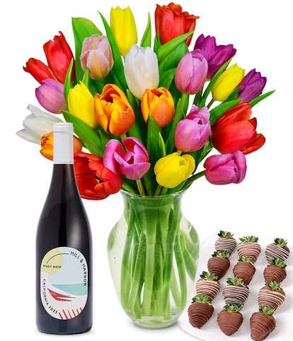 Rainbow Tulips, Red Wine and Chocolate Dipped Strawberries