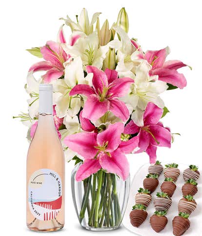 Pink & White Lilies, Ros&eacute; Wine, and Chocolate Dipped Strawberries