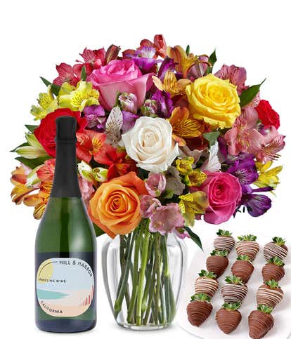 Bright & Sunny Rose Bouquet, Sparkling Wine and Chocolate Dipped Strawberries