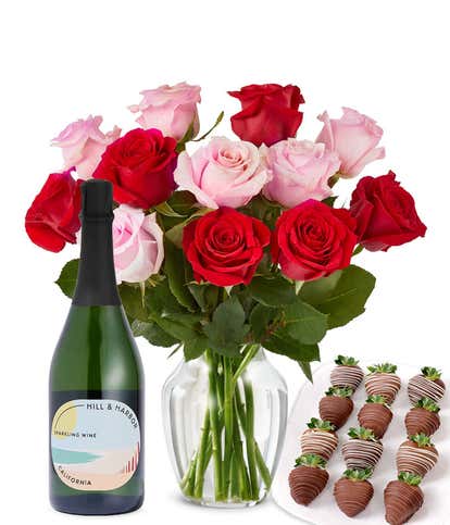 Pink & Red Roses, Sparkling Wine, and Chocolate Dipped Strawberries