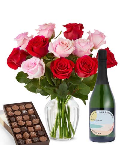Pink & Red Roses, Sparkling Wine, and Gourmet Assorted Chocolate Box