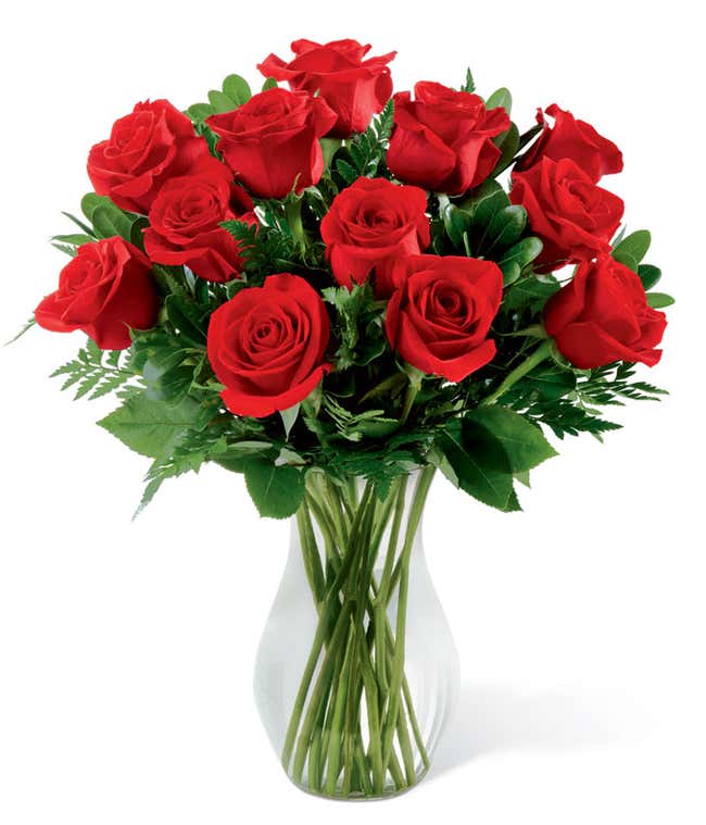 A dozen red roses with fresh floral greens in a tall cylinder vase