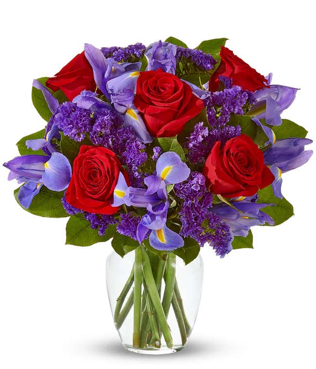 Red roses and blue irises